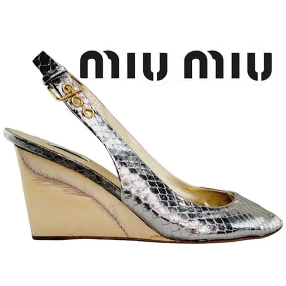 Miu Miu Shoes - AUTHENTIC RARE MIU MIU Silver Snake Skin Slingback Wood Wedge Heels US 7 (37 IT)